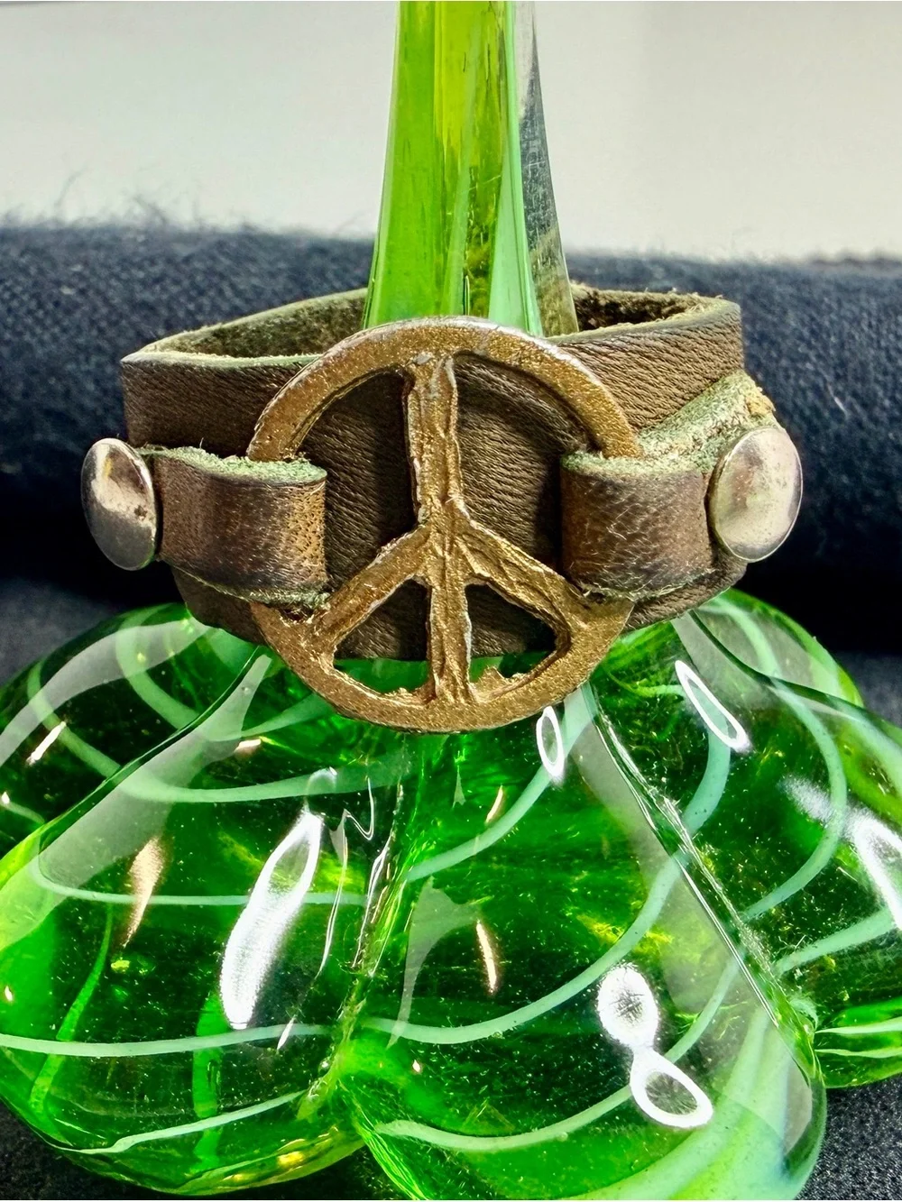 Brown Leather Peace Sign ring - Brown with Brass Accent VINTAGE 60s/70s